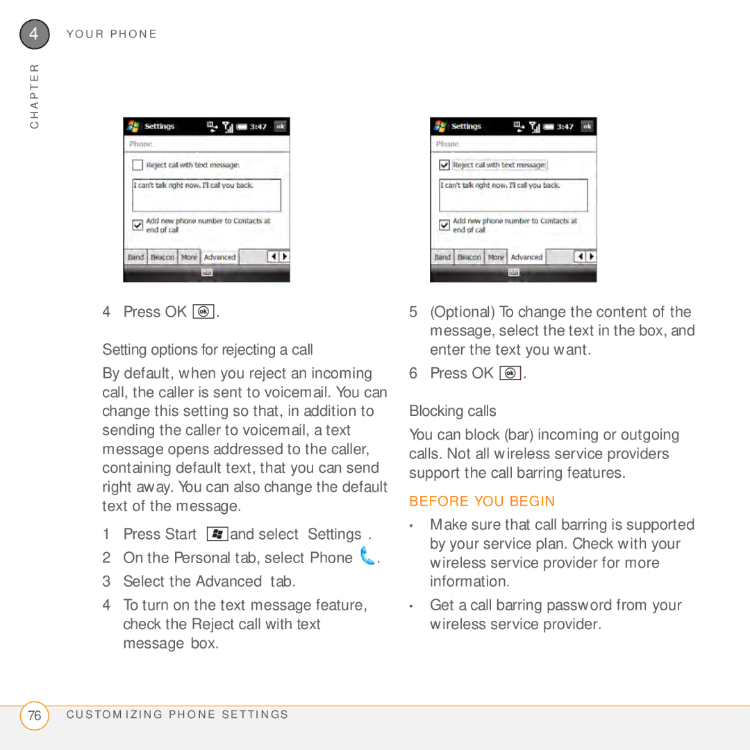 Palm PMG0501000P manual Setting options for rejecting a call, Blocking calls 