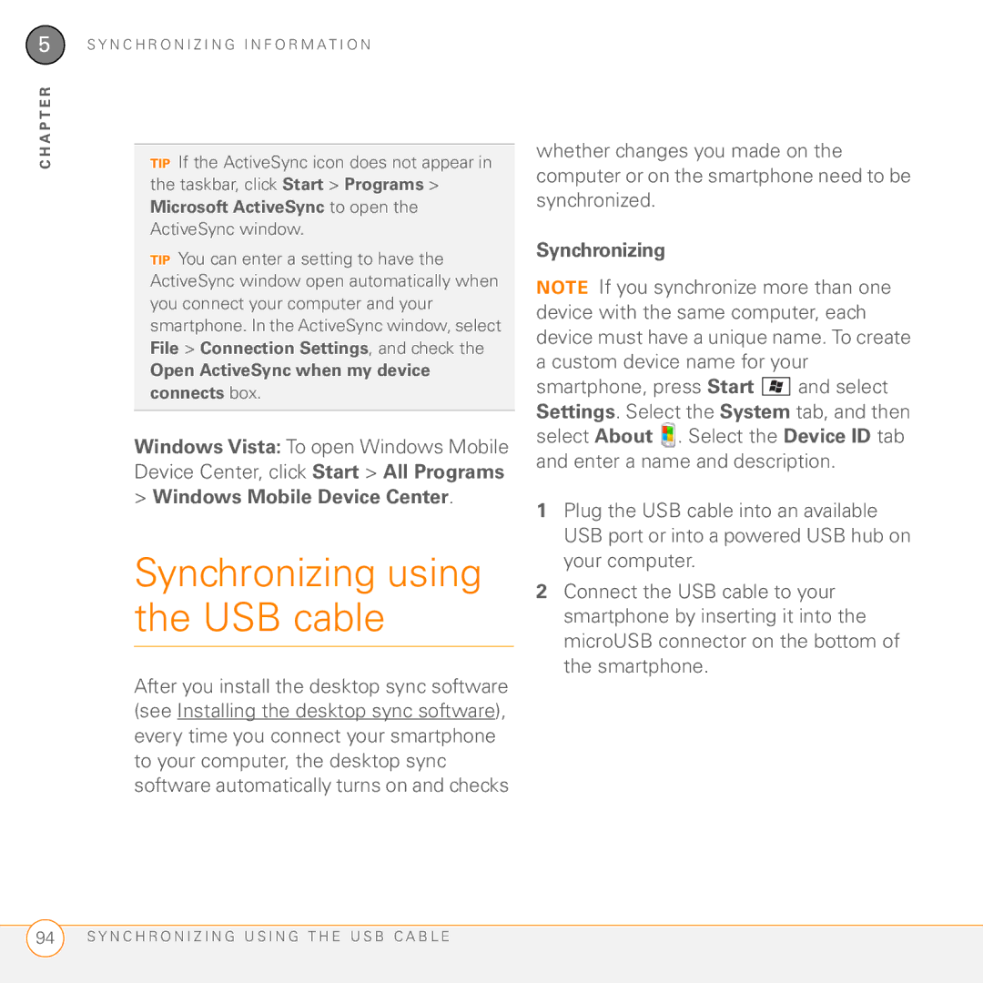 Palm PMG0501000P manual Synchronizing using the USB cable, Windows Mobile Device Center 