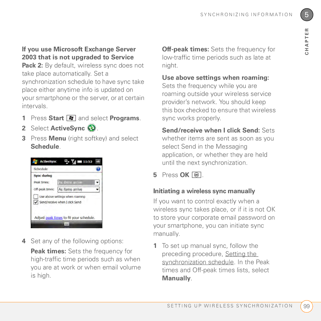 Palm PMG0501000P Use above settings when roaming, Initiating a wireless sync manually 