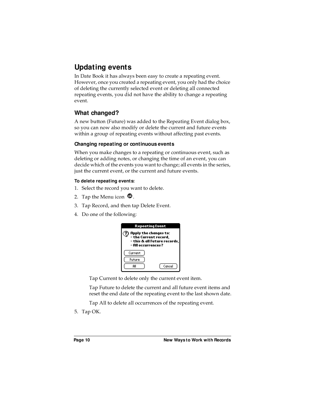 Palm P/N: 405-1695 manual Updating events, Changing repeating or continuous events 