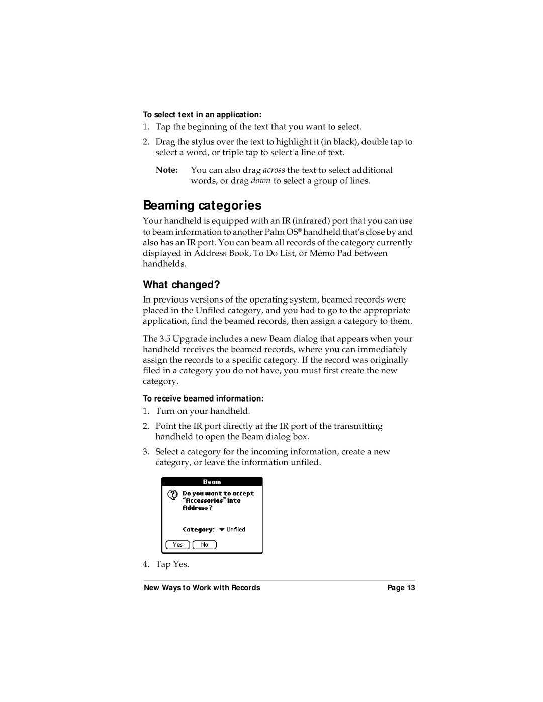 Palm P/N: 405-1695 manual Beaming categories 