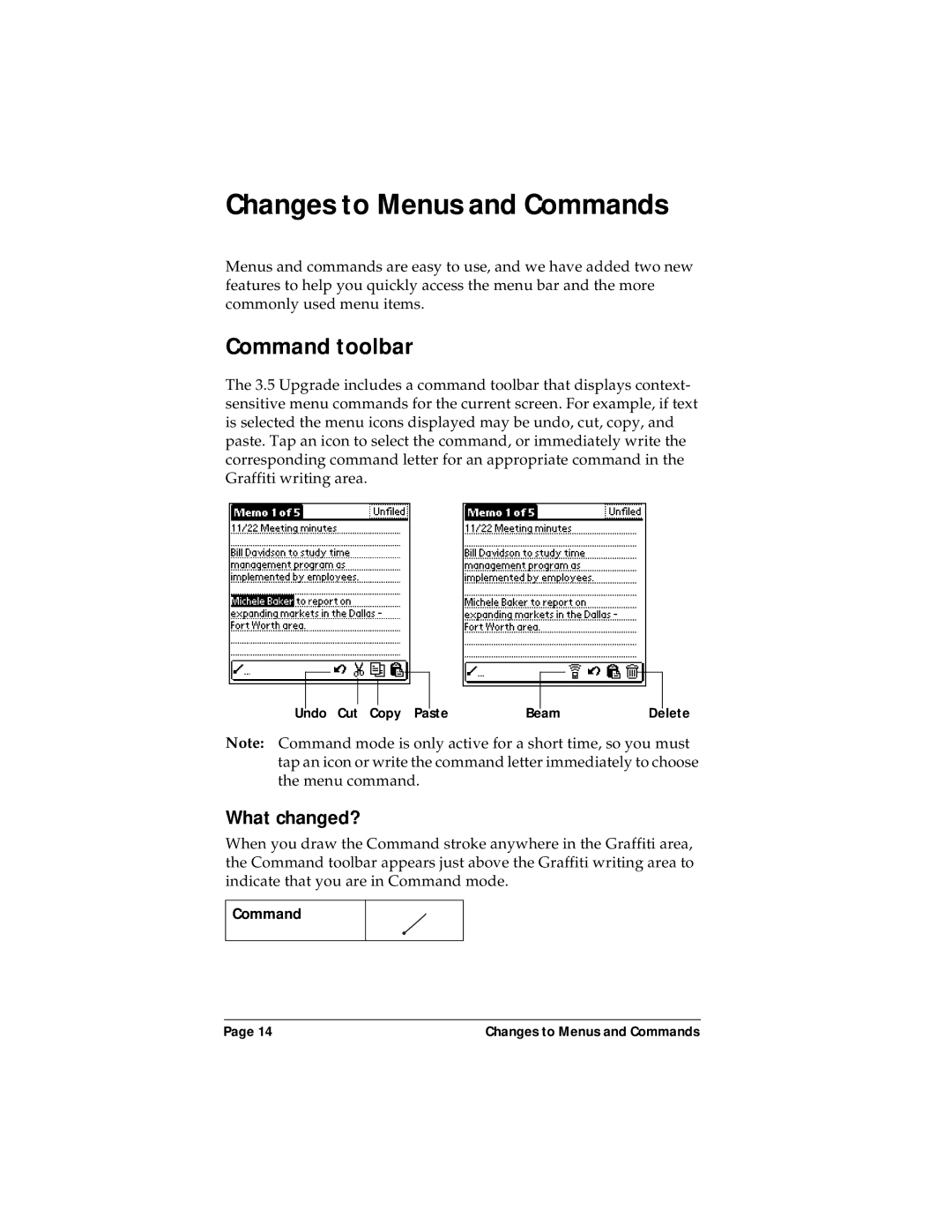 Palm P/N: 405-1695 manual Changes to Menus and Commands, Command toolbar 