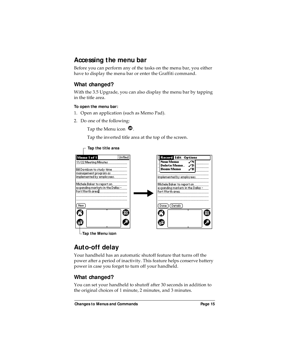 Palm P/N: 405-1695 manual Accessing the menu bar, Auto-off delay 