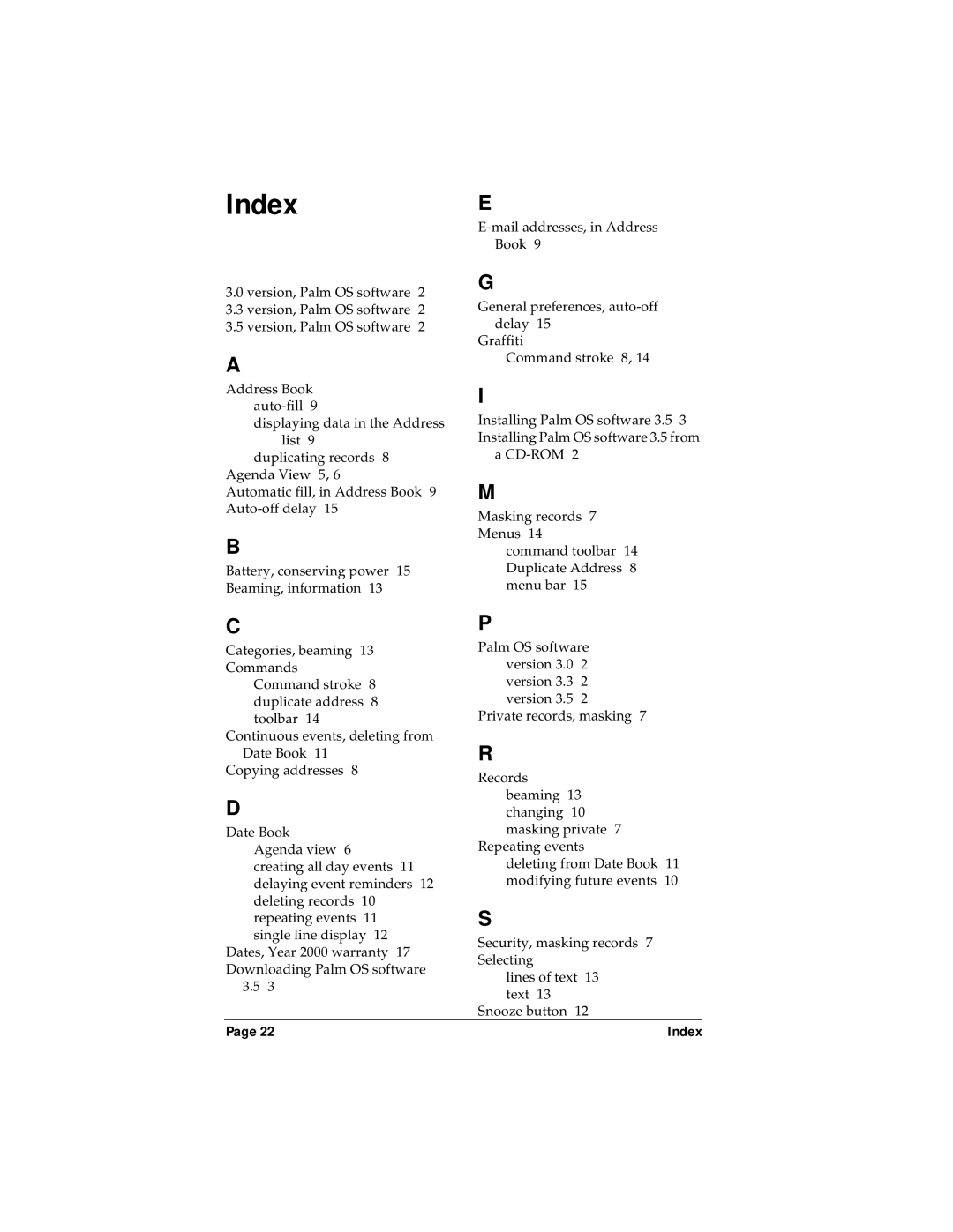 Palm P/N: 405-1695 manual Index 