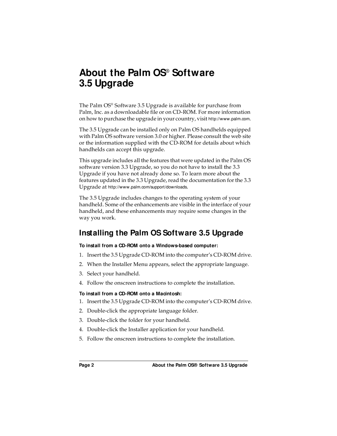 Palm P/N: 405-1695 manual About the Palm OS Software 3.5 Upgrade, Installing the Palm OS Software 3.5 Upgrade 