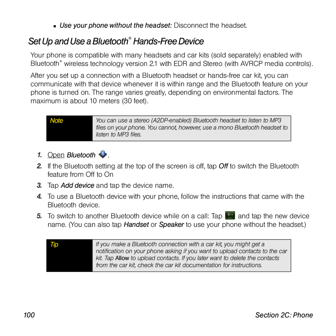 Palm Pre Set Up and Use a Bluetooth Hands-FreeDevice, Use your phone without the headset Disconnect the headset, Phone 