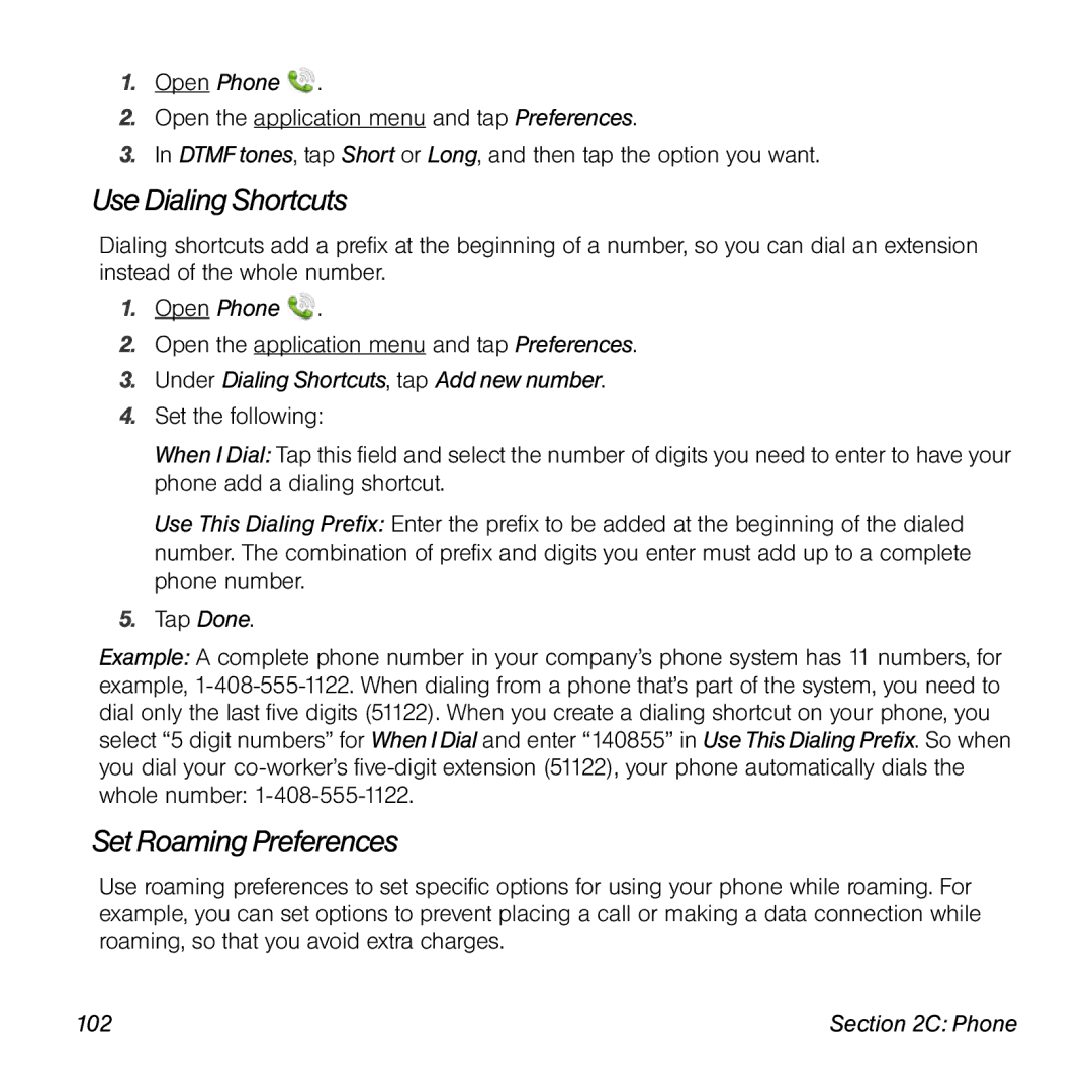 Palm manual Use Dialing Shortcuts, SetRoaming Preferences, Under Dialing Shortcuts, tap Add new number, Phone 