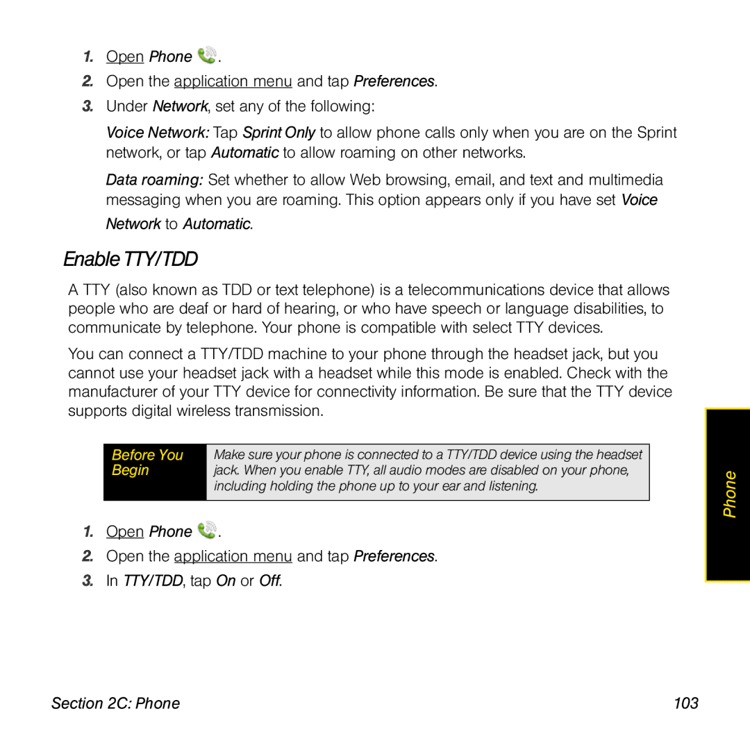 Palm Pre manual EnableTTY/TDD, Network to Automatic, Phone 103 