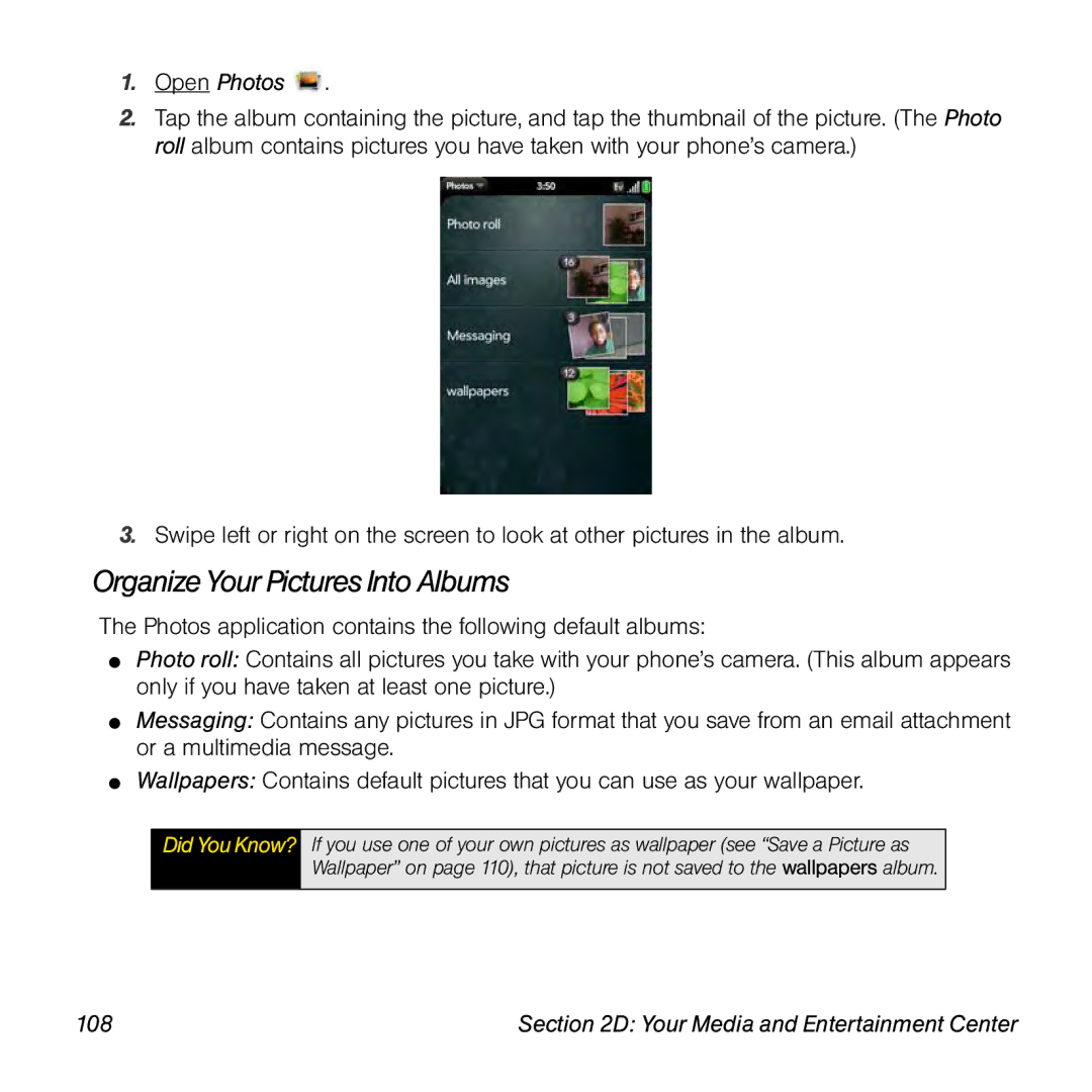Palm Pre manual Organize Your Pictures Into Albums, Open Photos, 108 