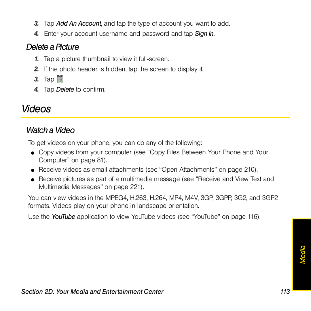 Palm Pre manual Videos, Delete a Picture, Watch a Video, Your Media and Entertainment Center 113 