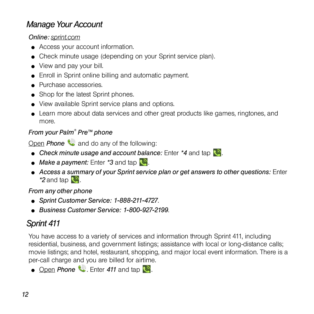 Palm manual Manage Your Account, Sprint, Online sprint.com, From your Palm Pre phone 