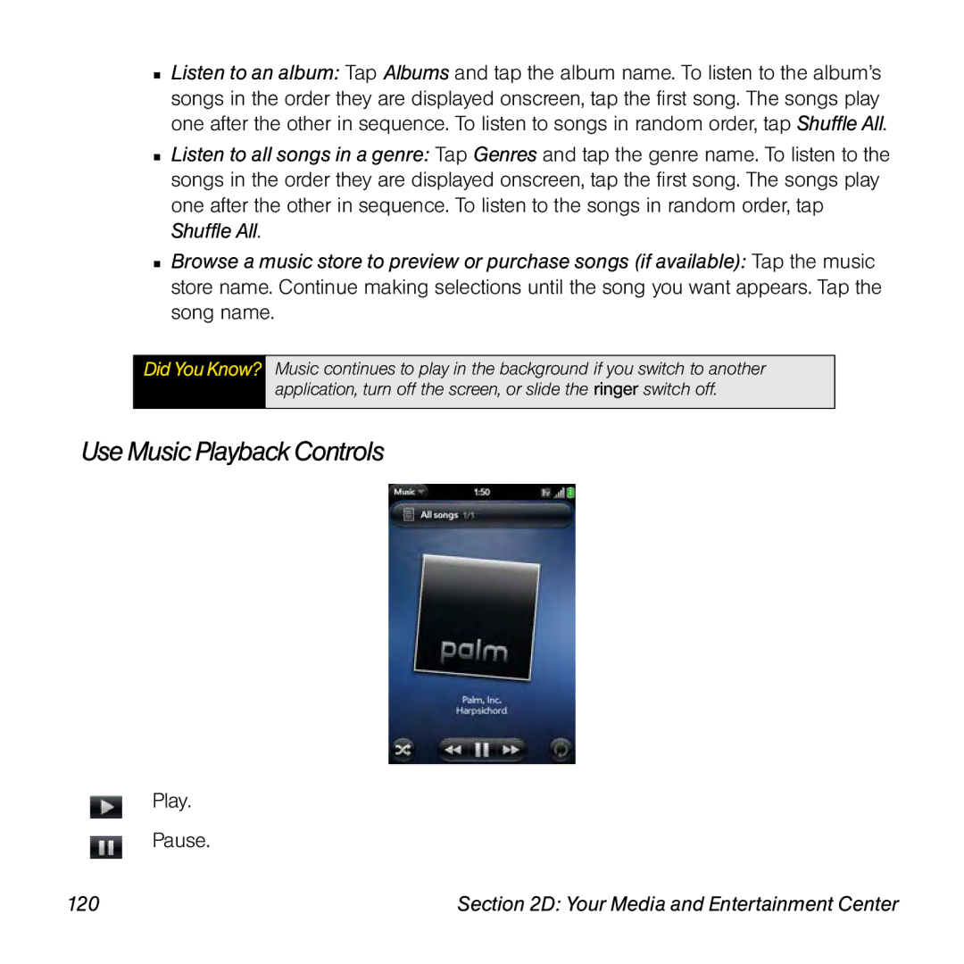 Palm Pre manual Use MusicPlayback Controls, 120 