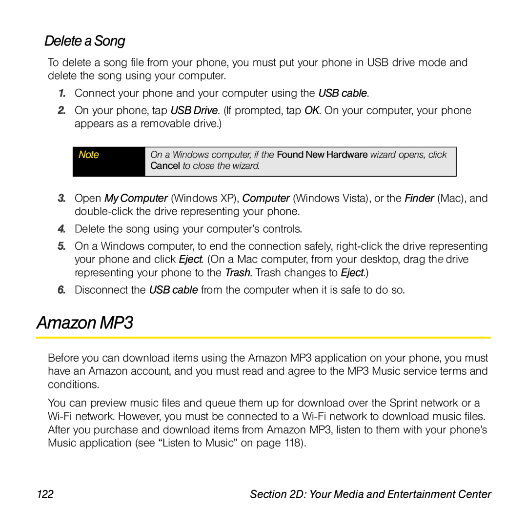 Palm Pre manual Amazon MP3, Delete a Song, 122 