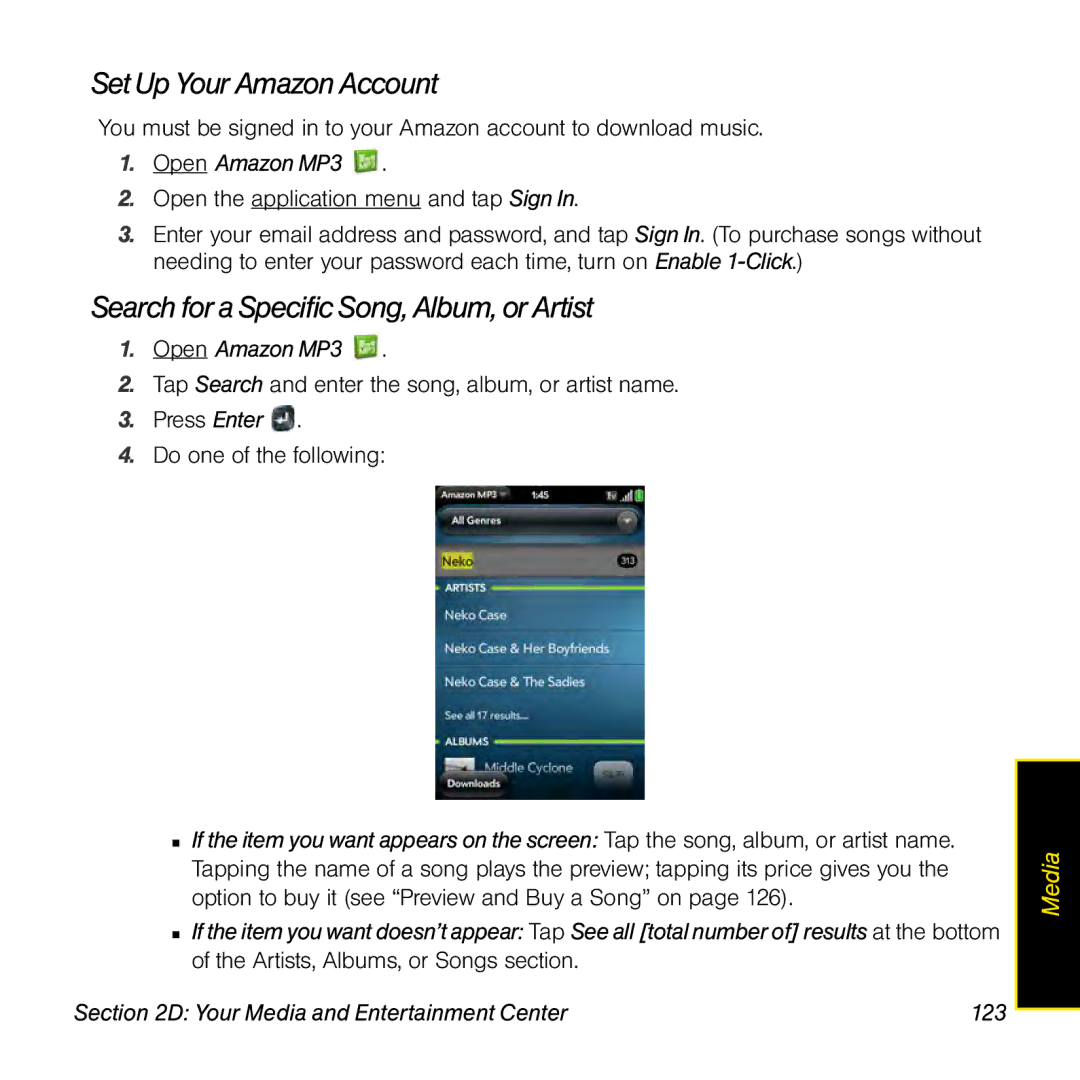 Palm Pre manual SetUp Your Amazon Account, Search for aSpecific Song,Album, or Artist, Open Amazon MP3 