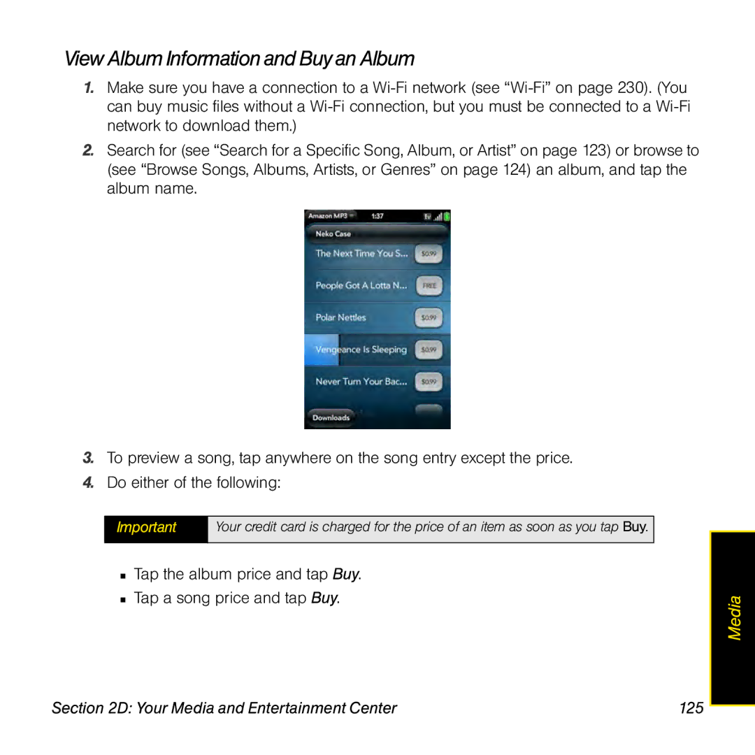 Palm Pre manual View Album Information andBuyan Album, Your Media and Entertainment Center 125 