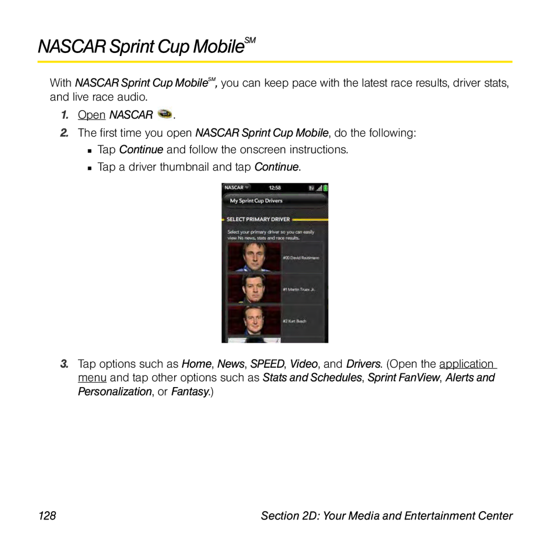 Palm Pre manual Nascar Sprint Cup MobileSM, Open Nascar, 128 