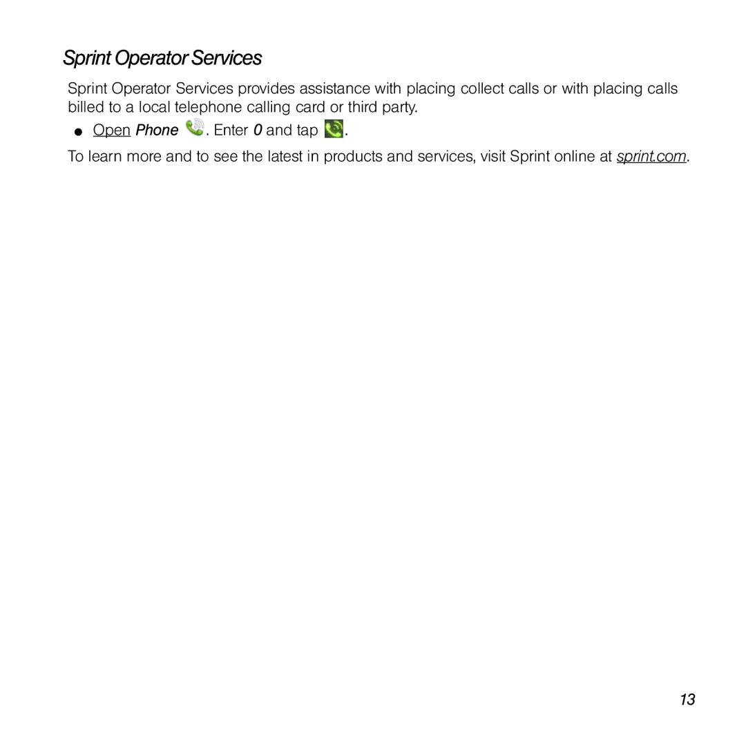 Palm Pre manual Sprint Operator Services 