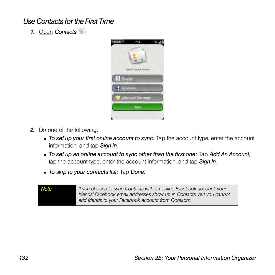 Palm Pre manual UseContacts for the FirstTime, Open Contacts, 132 