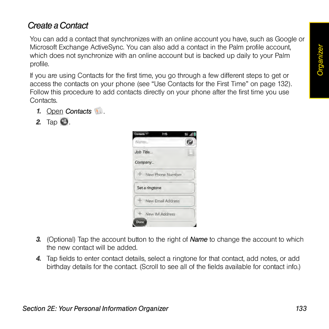 Palm Pre manual Create a Contact, Your Personal Information Organizer 133 