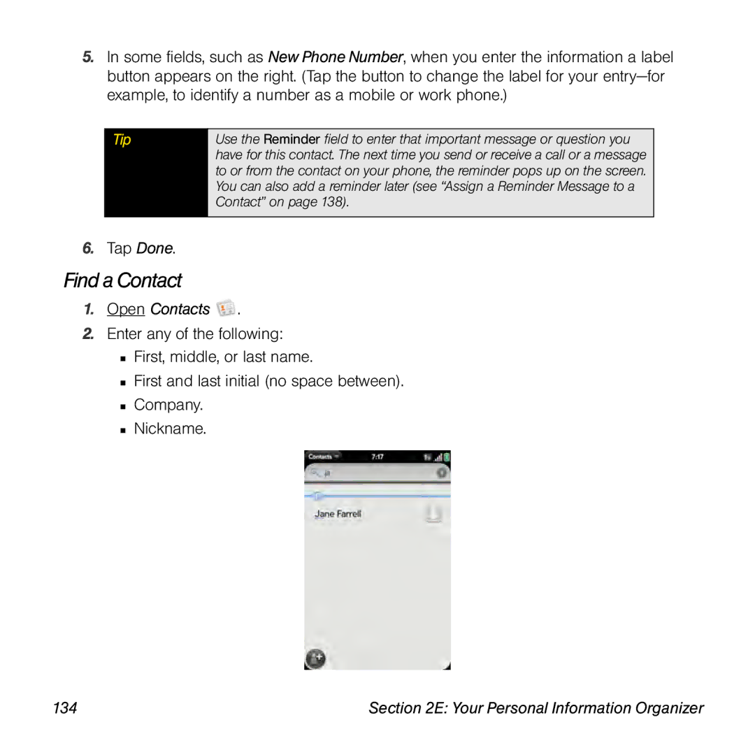 Palm Pre manual Find a Contact, 134 