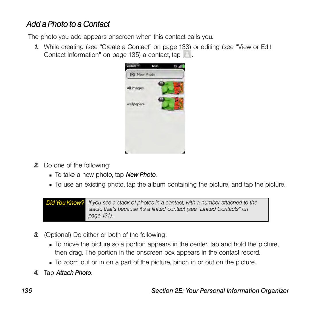 Palm Pre manual Add a Photo to a Contact, Tap Attach Photo 136 