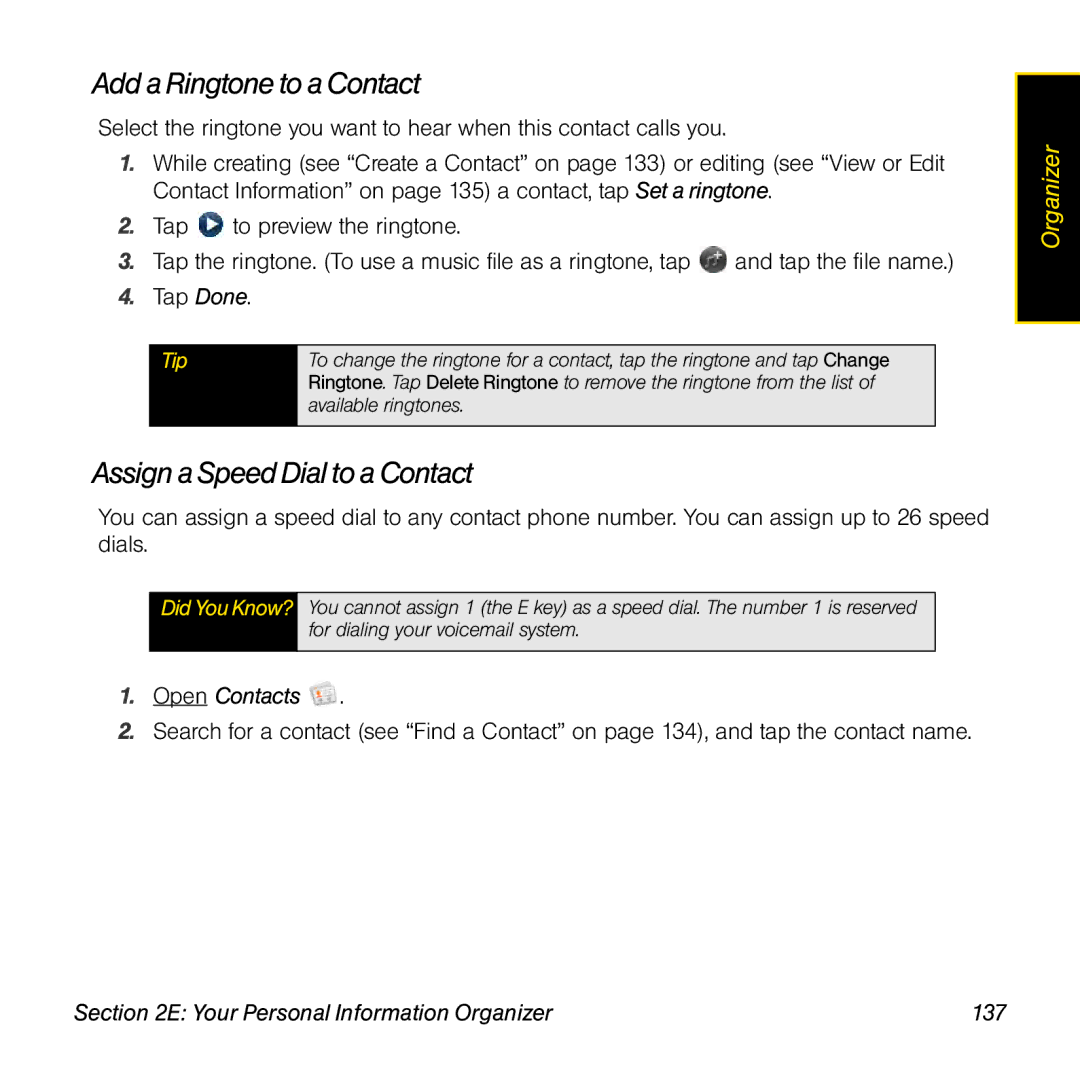 Palm Pre manual Add a Ringtone toa Contact, Assign aSpeed Dial to a Contact, Your Personal Information Organizer 137 