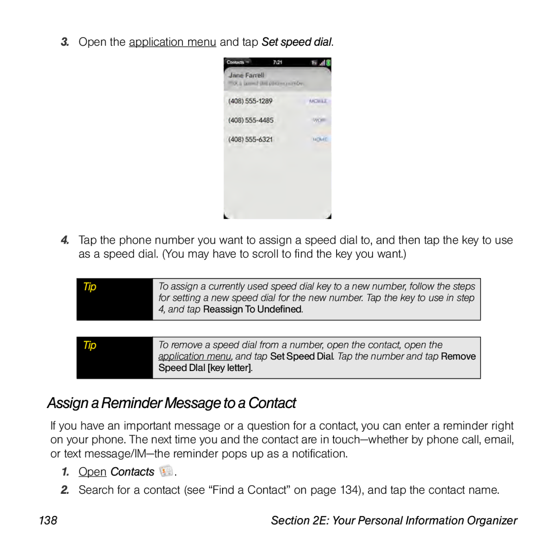 Palm Pre manual Assign aReminder Messageto aContact, 138 