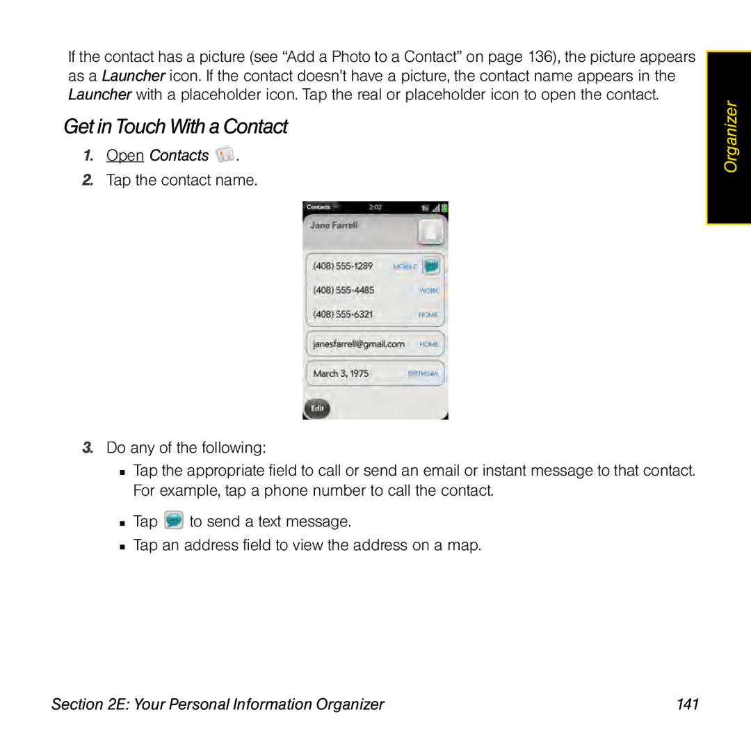 Palm Pre manual Get in TouchWitha Contact, Your Personal Information Organizer 141 