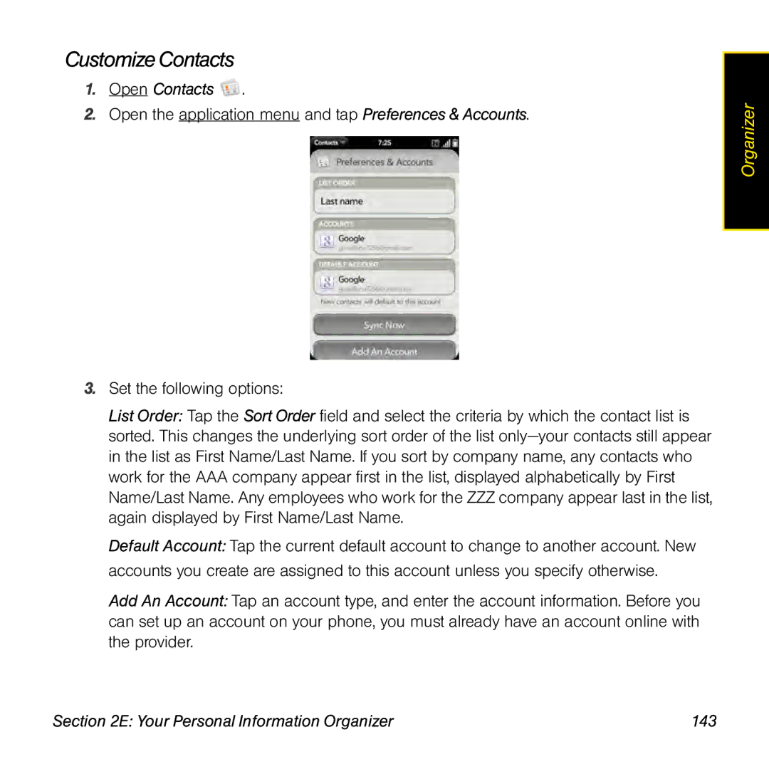 Palm Pre manual Customize Contacts, Your Personal Information Organizer 143 