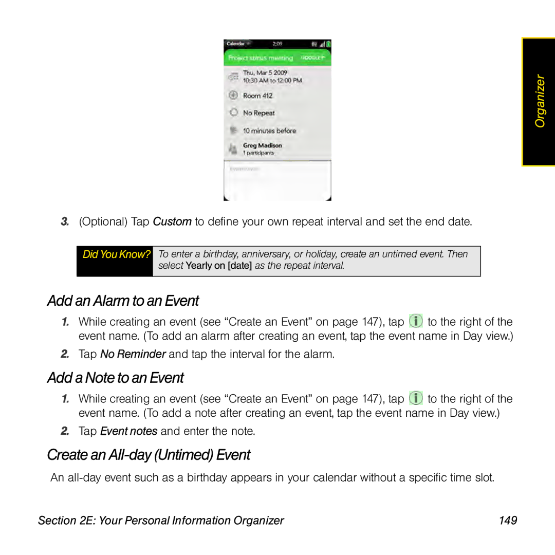 Palm Pre manual Add anAlarm to an Event, Add a Note toan Event, Create an All-day UntimedEvent 