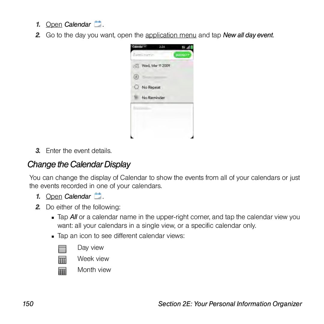 Palm Pre manual Change the Calendar Display, 150 