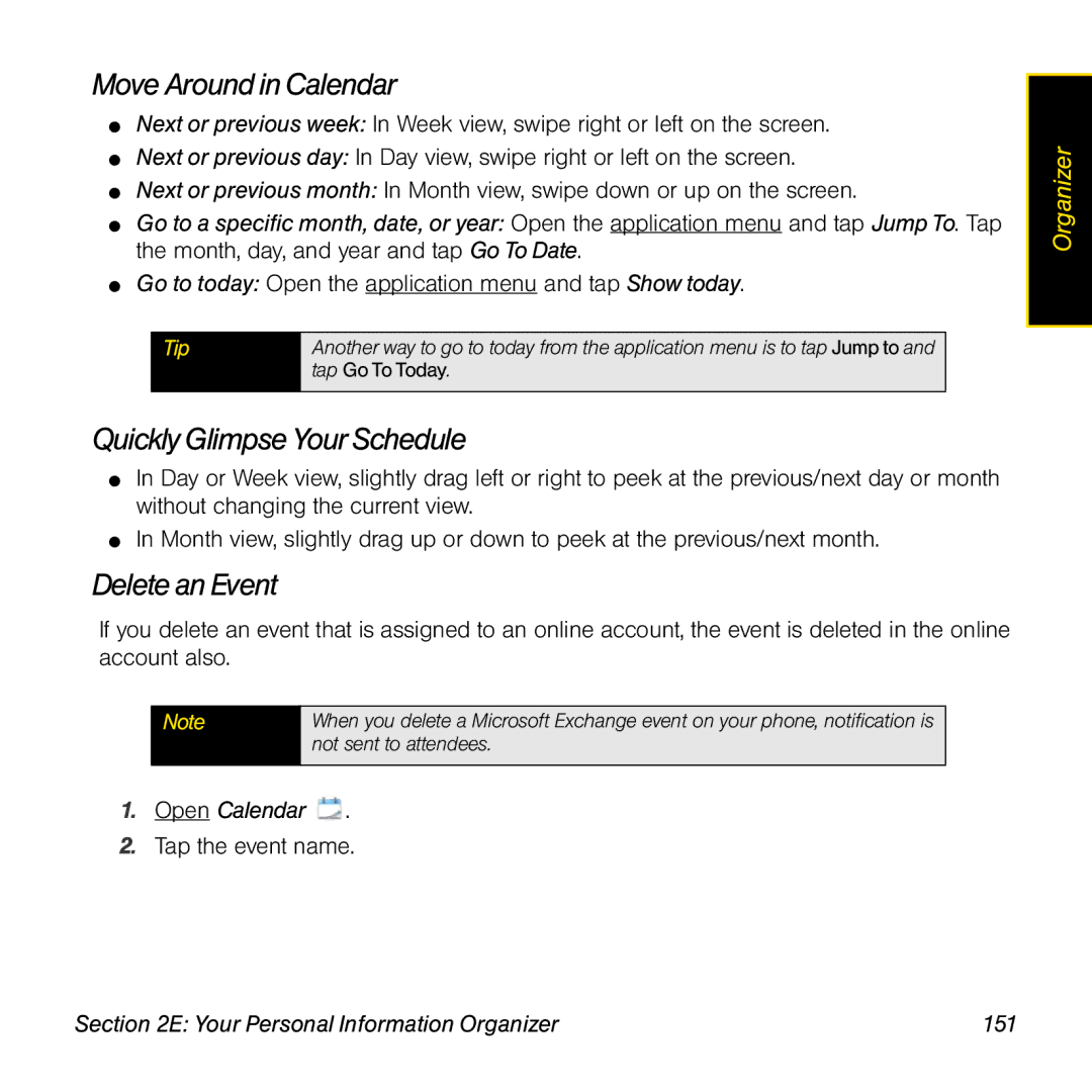 Palm Pre Move Around in Calendar, Quickly Glimpse Your Schedule, Delete an Event, Your Personal Information Organizer 151 