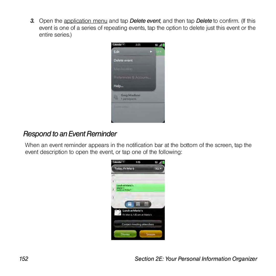Palm Pre manual Respond to an Event Reminder, 152 