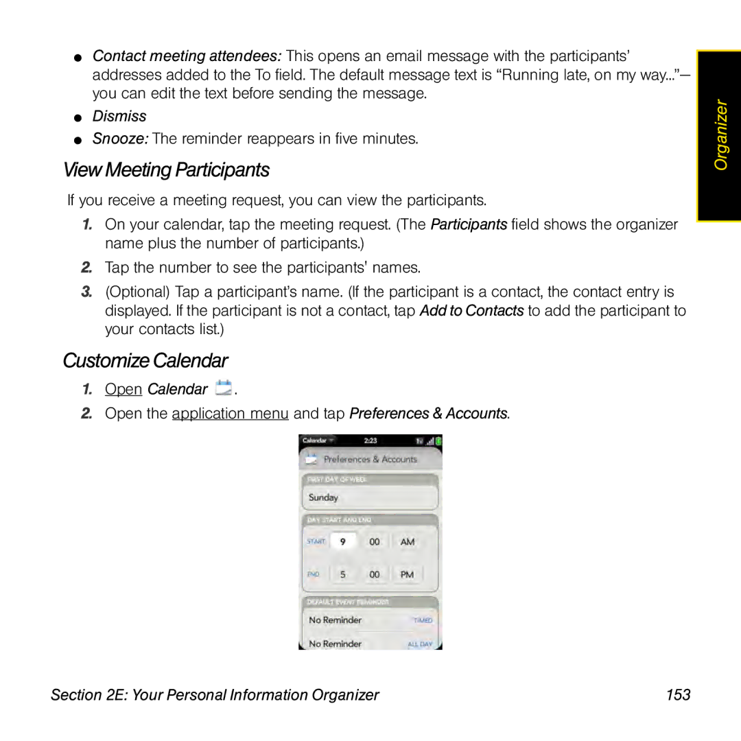 Palm Pre manual View Meeting Participants, Customize Calendar, Dismiss 