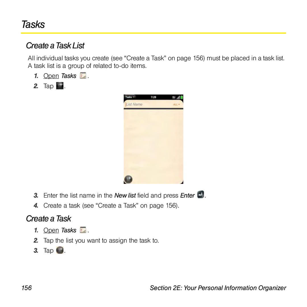 Palm Pre manual Createa Task List, Create a Task, Open Tasks, 156 