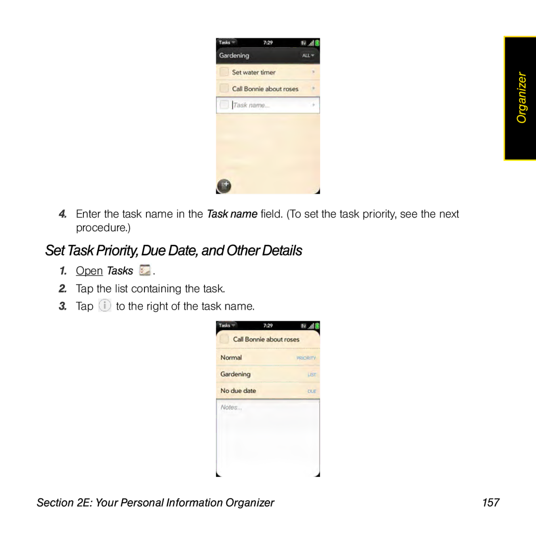 Palm Pre manual SetTaskPriority, Due Date, and Other Details, Your Personal Information Organizer 157 