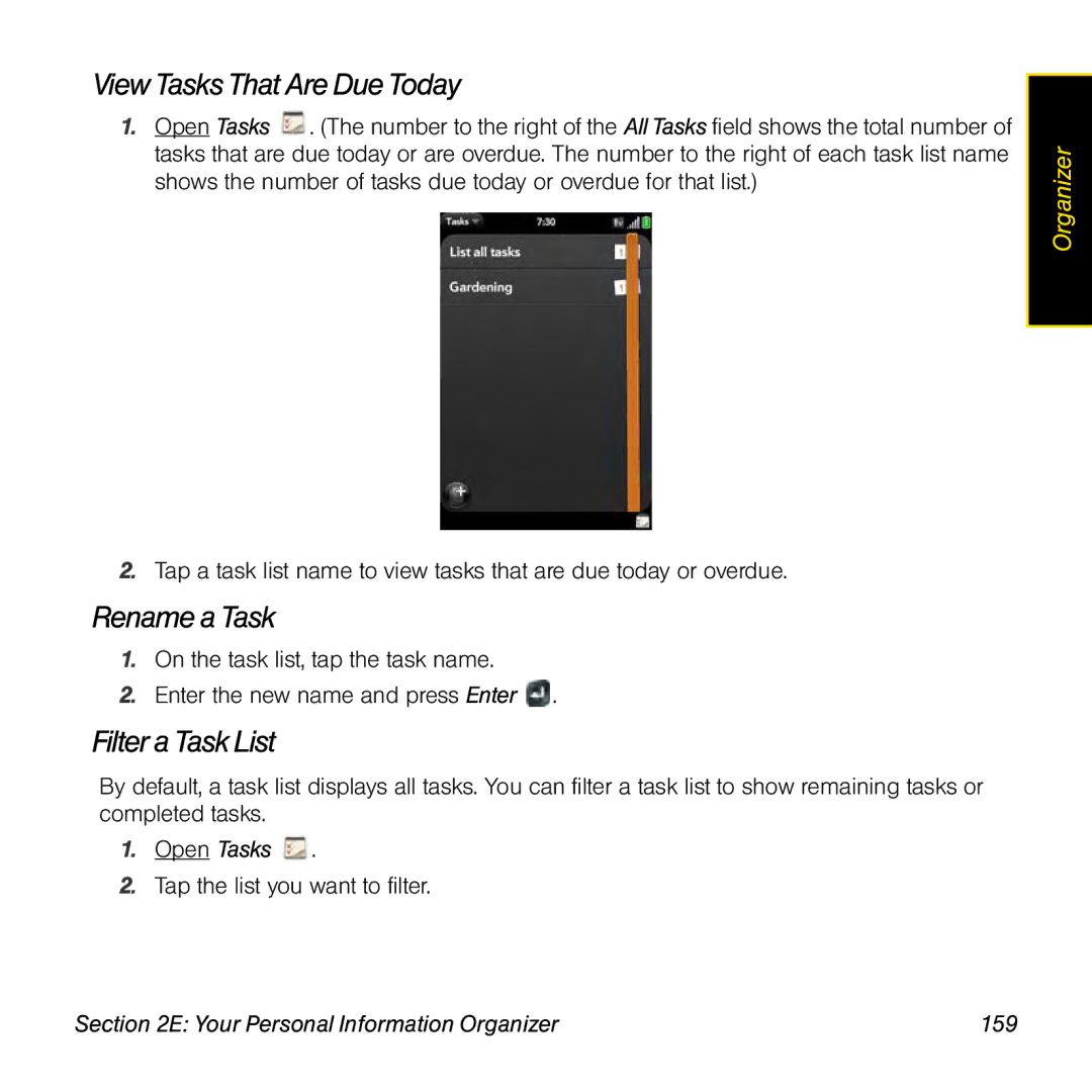 Palm Pre manual View Tasks That AreDue Today, Rename aTask, Filter a Task List, Your Personal Information Organizer 159 