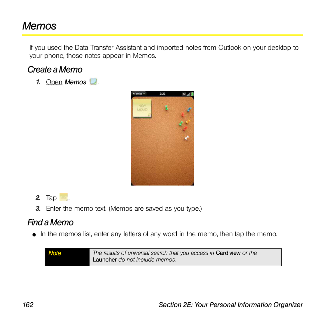 Palm Pre manual CreateaMemo, FindaMemo, Open Memos, 162 
