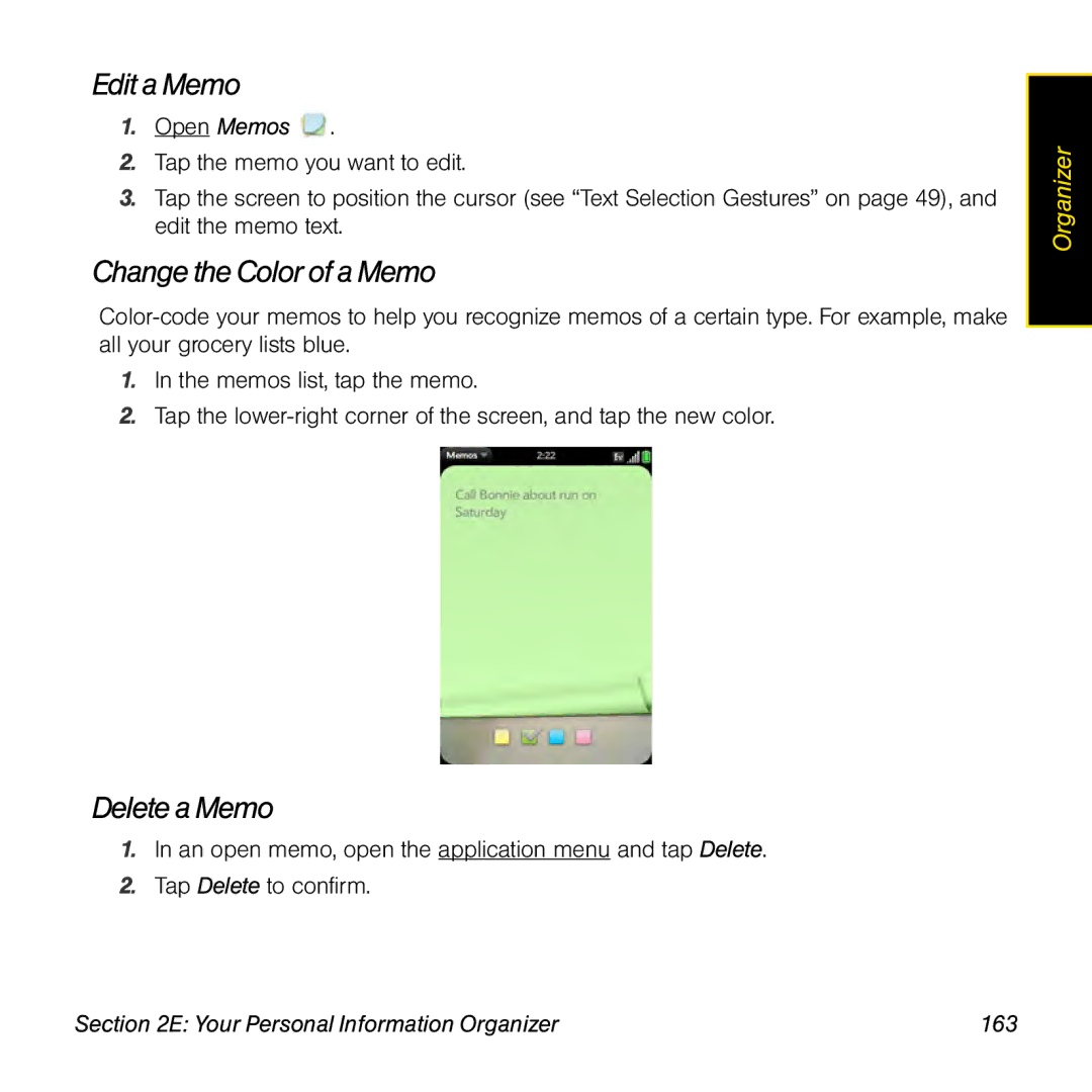 Palm Pre manual Edit a Memo, Change the Color ofa Memo, Deletea Memo, Your Personal Information Organizer 163 