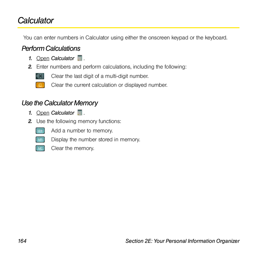 Palm Pre manual Perform Calculations, Use the Calculator Memory, Open Calculator, 164 