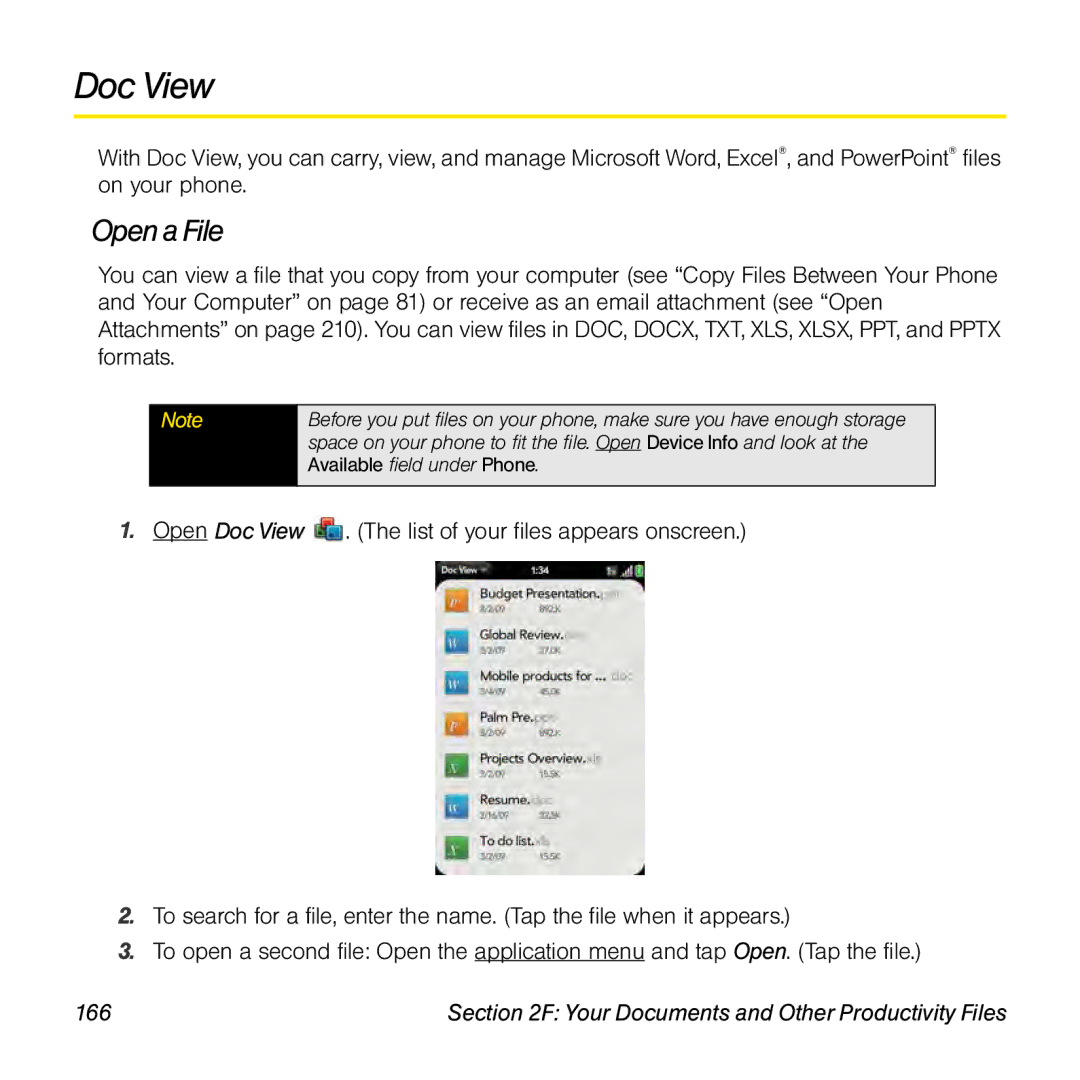 Palm Pre manual Doc View, Opena File, 166 