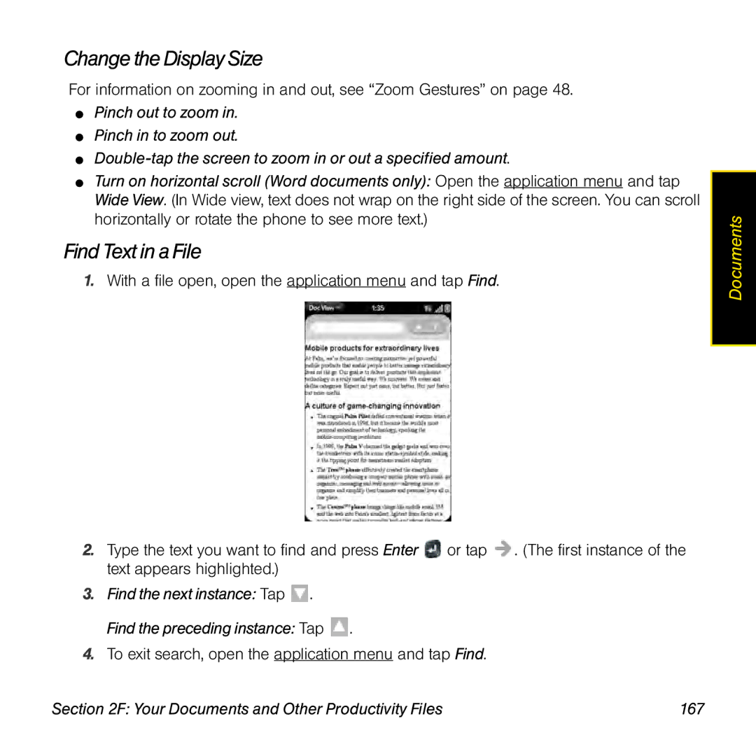 Palm Pre manual Change the Display Size, Find Text in a File, Find the next instance Tap Find the preceding instance Tap 