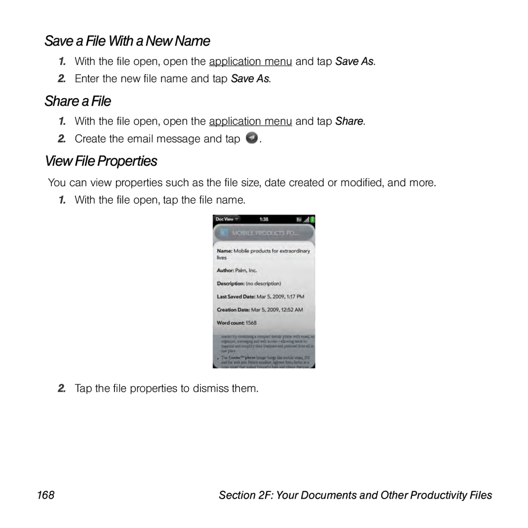 Palm Pre manual Save aFileWith aNew Name, Share a File, View File Properties, 168 