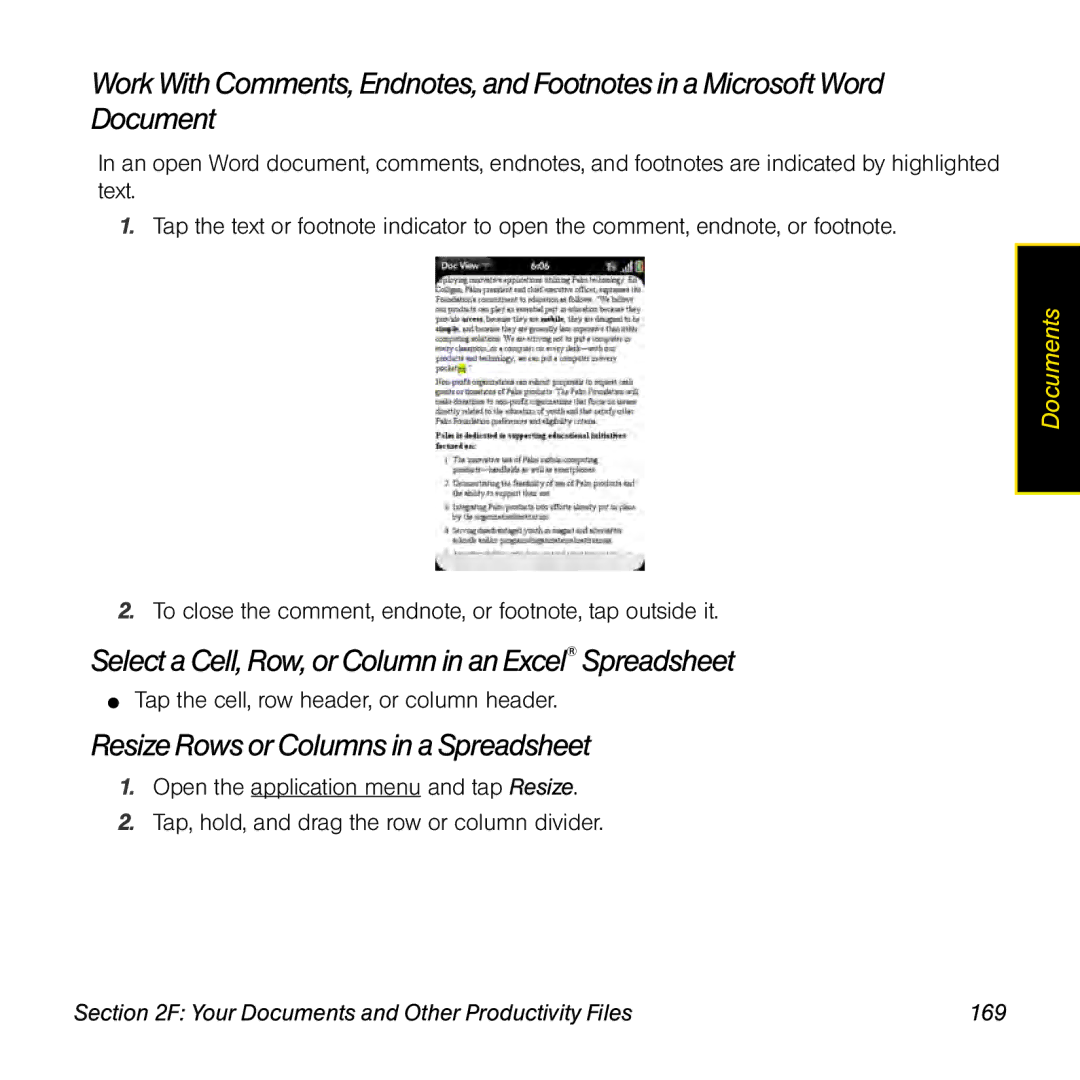 Palm Pre manual Select a Cell, Row, or Column in anExcel Spreadsheet, ResizeRows or Columns in aSpreadsheet 