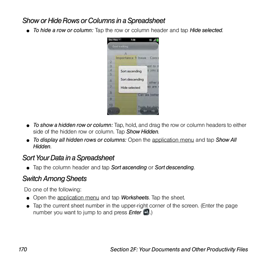 Palm Pre manual Show or HideRows or Columns in aSpreadsheet, Sort Your Data in a Spreadsheet, Switch Among Sheets 