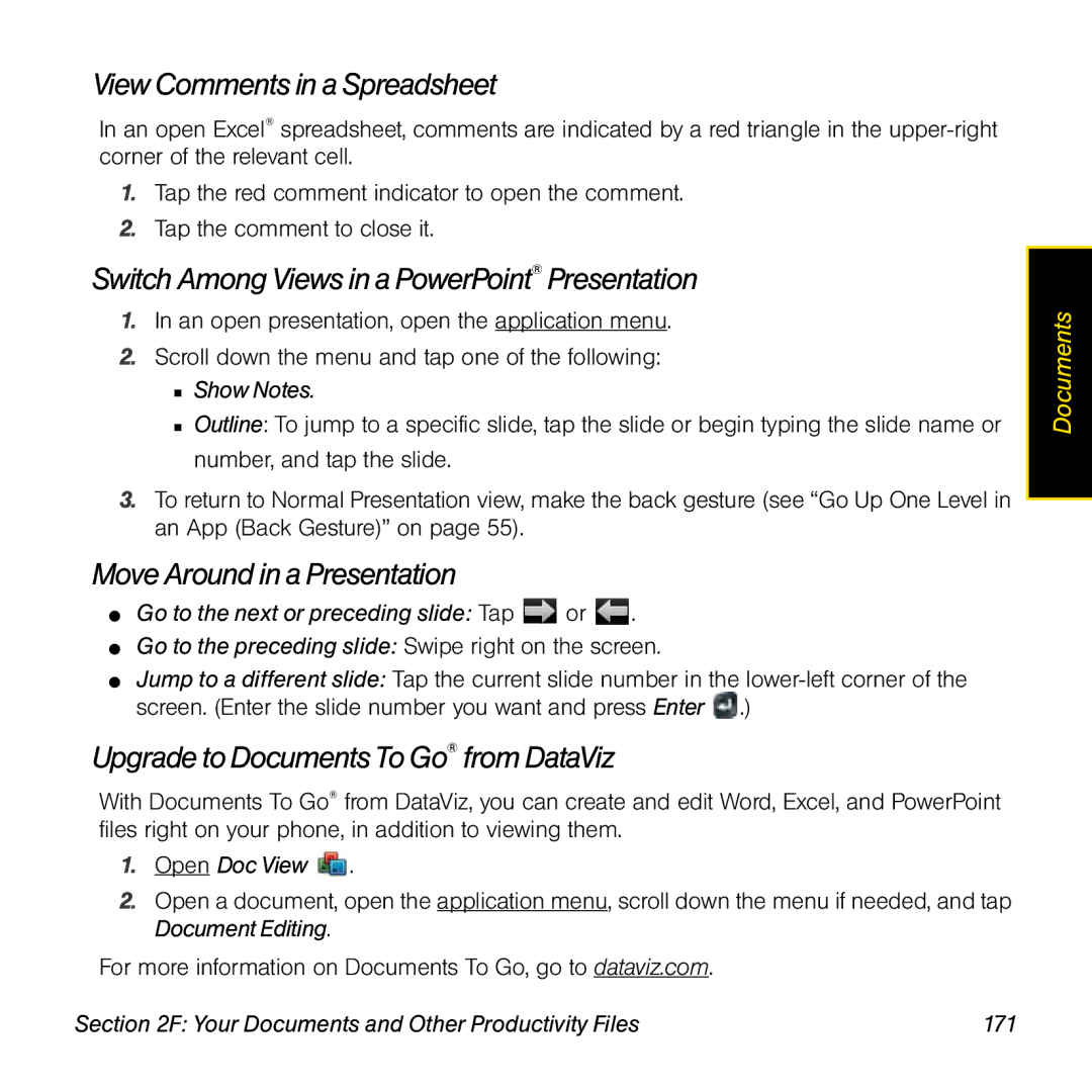 Palm manual View Comments in a Spreadsheet, Switch Among Views in a PowerPoint Presentation, MoveAround in aPresentation 