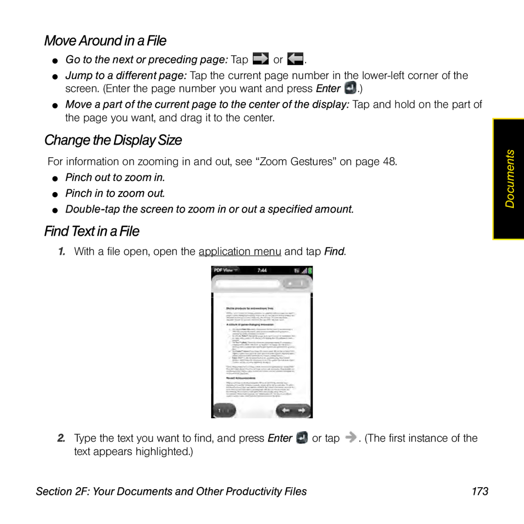 Palm Pre Move Around in a File, Go to the next or preceding page Tap or, Your Documents and Other Productivity Files 173 