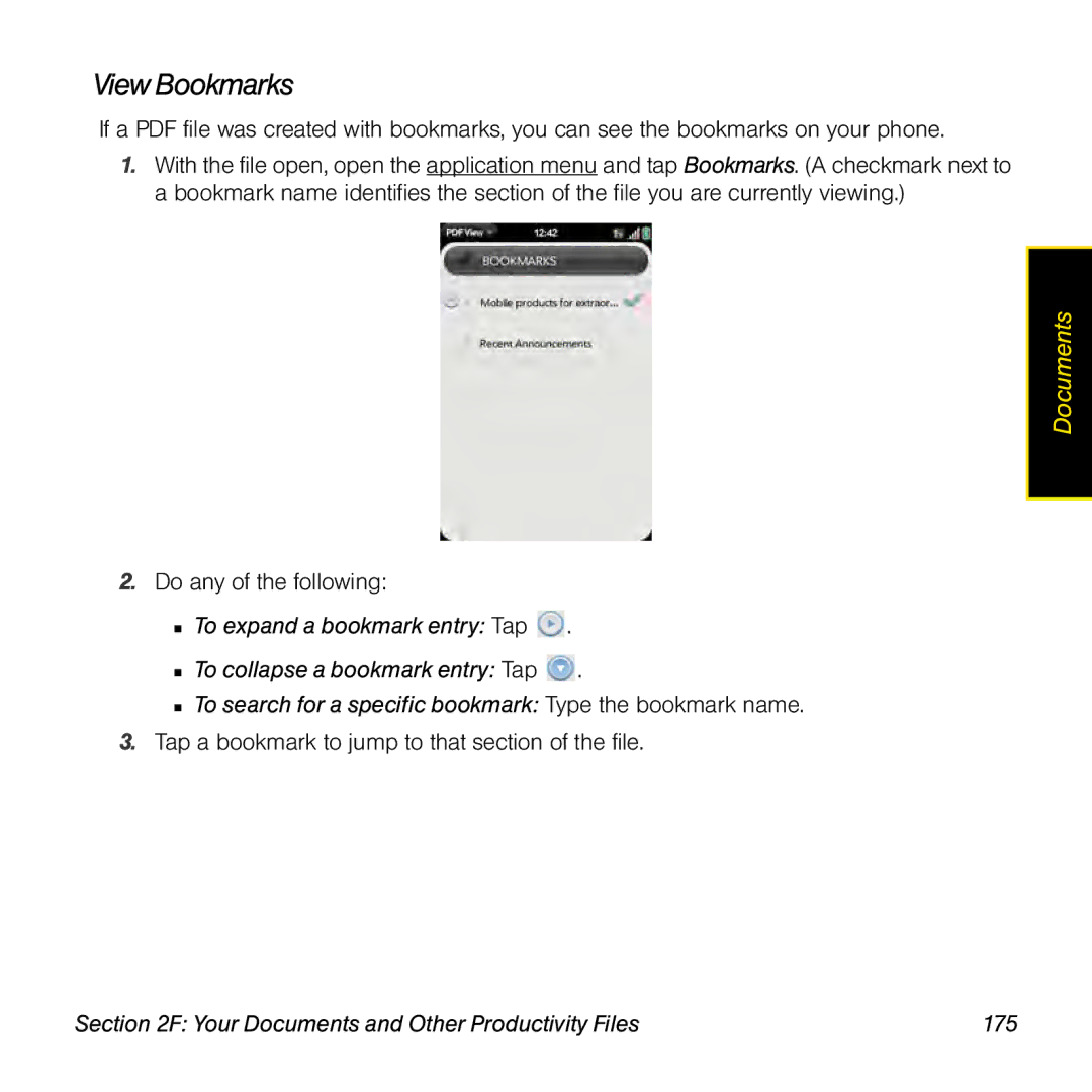 Palm Pre manual View Bookmarks, Your Documents and Other Productivity Files 175 