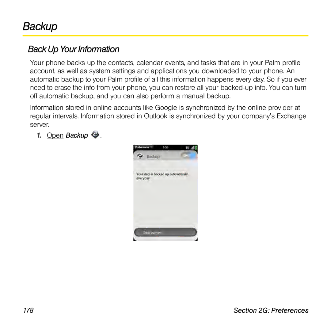 Palm Pre manual BackUp Your Information, Open Backup 