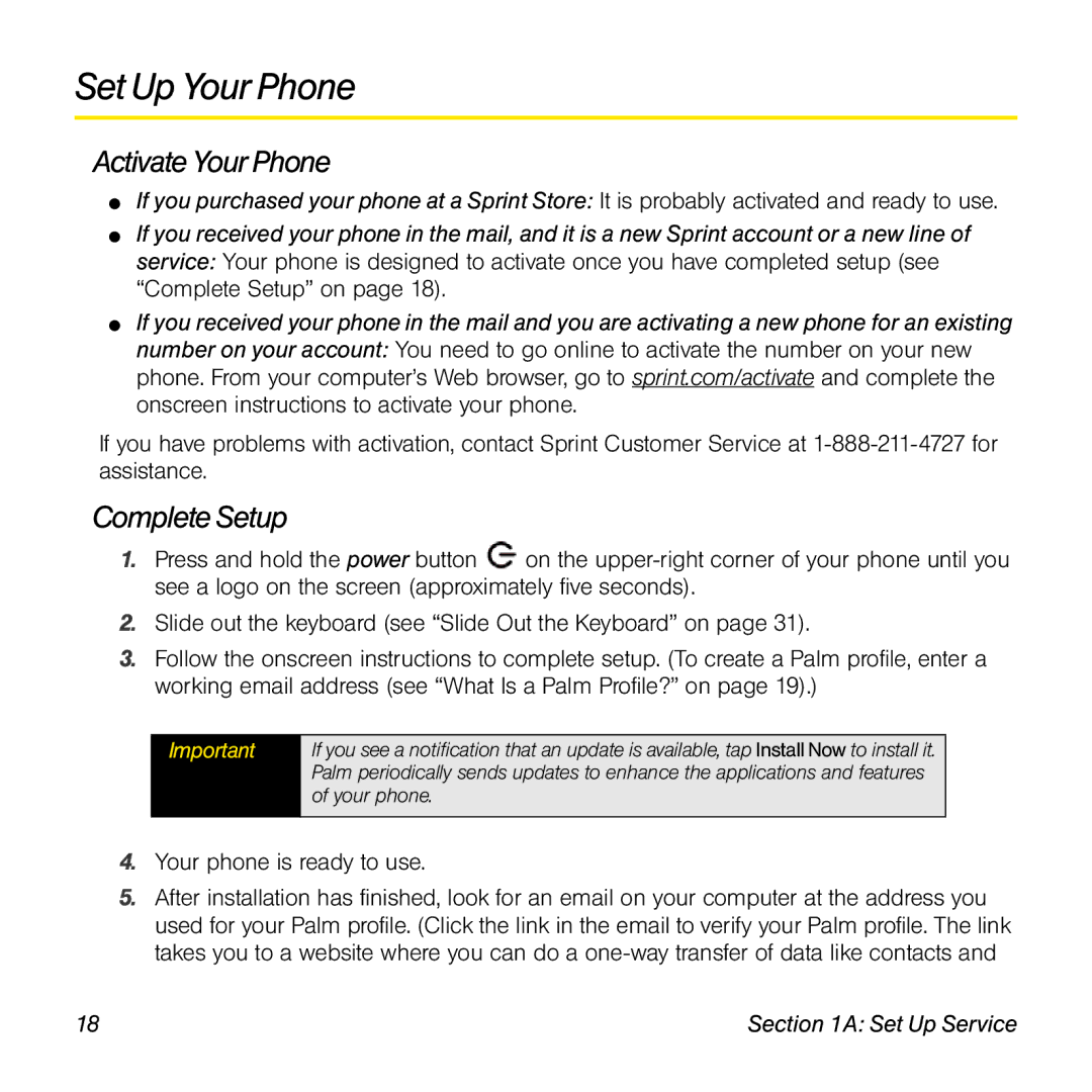 Palm Pre manual Set Up Your Phone, Activate YourPhone, Complete Setup 
